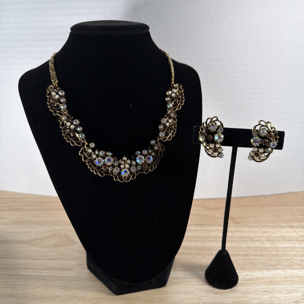 Vintage  Signed Florenza Necklace And Clip-on Earrings Set - Some Stones Missing